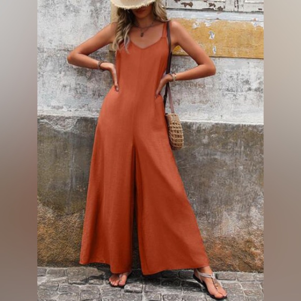 Lightweight Waffle Weave Oversized Rust Jumpsuit Onesie Boho Vacation Resortwear
